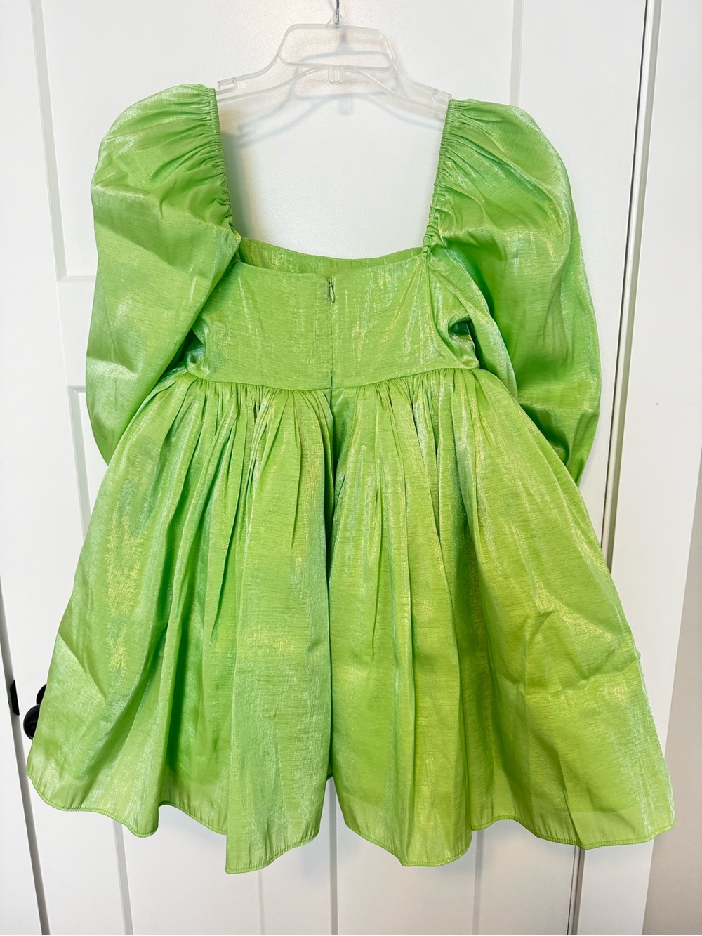 SELKIE Shiny Puff Sleeve Mini Dress in Light Green - Picture 5 of 9